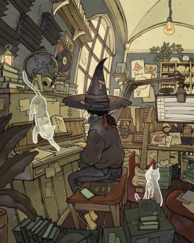 1girl artist_logo barefoot black_hair black_hat black_pants black_sweater book book_stack bookshelf can candle cat cellphone commentary computer computer_keyboard computer_tower dated electric_guitar facing_away full_body ghost globe guitar hair_ribbon hanging_light hat headphones headphones_around_neck highres indoors instrument jar lantern logo medium_hair metronome microphone monitor music on_bench open_book original pants phone phonograph piano plant playing_instrument playing_piano ponytail potted_plant red_ribbon ribbon runes short_ponytail simz sitting skull smartphone solo studio_microphone sweater trash_can upright_piano vinyl_record webcam window witch_hat wooden_floor