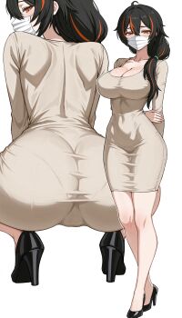 1girl ass black_hair breasts cameltoe cleavage commentary dongtan_dress dress evil_rat high_heels highres large_breasts long_hair looking_at_viewer mask mouth_mask multicolored_hair multiple_views orange_eyes orange_hair pantylines ponytail ponytail_over_shoulder squatting streaked_hair tight_clothes tight_dress wide_hips zenless_zone_zero zhu_yuan