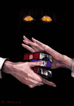 1boy 3girls @_@ artist_name black_background black_choker black_hair black_ribbon chainsaw_man choker commentary demon_horns doeun_o_o eyes_in_shadow faceless fingernails hand_focus hayakawa_aki highres horns long_sleeves looking_at_viewer looking_down makima_(chainsaw_man) multiple_girls neck_ribbon orange_eyes pink_hair power_(chainsaw_man) red_horns reze_(chainsaw_man) ribbon ringed_eyes rubik's_cube scene_reference shirt twitter_username white_shirt white_sleeves