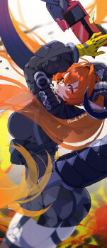 1girl absurdres artist_name black_coat black_shorts breasts bullet coat crossed_bangs gloves gun hair_between_eyes highres horns large_breasts long_hair long_sleeves looking_at_viewer magus_(zenless_zone_zero) mechanical_horns mechanical_tail multiple_girls o-ring o-ring_thigh_strap orange_hair orphie_magnusson pointy_ears shorts tail thigh_strap turning_head twitter_username weapon white_background yellow_eyes yellow_gloves zenless_zone_zero zunda_kaku