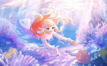 1girl :d air_bubble blonde_hair blunt_bangs blurry blurry_foreground bubble commentary_request coral depth_of_field dress fish flower frills game_cg green_eyes hair_ornament highres jellyfish jewelry kathrina_griebel long_hair mermaid monster_girl official_art open_mouth smile solo sunlight swimming third-party_source underwater water world_dai_star wrist_cuffs