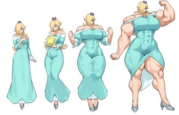 1girl absurdres bare_shoulders blonde_hair blue_eyes breast_expansion breasts covered_navel crown curvy dress earrings female_focus full_body hair_over_one_eye height_growth highres huge_breasts jewelry long_hair looking_at_viewer mario_(series) muscle_growth musctonk muscular muscular_female nintendo off-shoulder_dress off_shoulder rosalina sequential solo star_(symbol) super_mario_galaxy super_star_(mario) tall_female thick_thighs thighs wide_hips