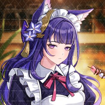 Rule 34 | 1girl, alternate costume, animal ear fluff, animal ears, apron, artist request, blue pupils, blurry, blurry background, cat ears, cat girl, close-up, closed mouth, commission, expressionless, food, frilled apron, frills, genshin impact, gradient hair, hair ornament, highres, holding, holding food, indoors, looking at viewer, maid, maid headdress, mole, mole under eye, multicolored eyes, multicolored hair, plant, purple eyes, purple hair, raiden shogun, solo, upper body, wagashi