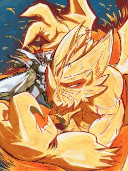 1boy aura black_bodysuit blue_background bodysuit coat coat_on_shoulders covered_eyes digimon digimon_(creature) gankoomon highres male_focus muscular muscular_male pointing red_hair setsu_(knint_) simple_background white_coat