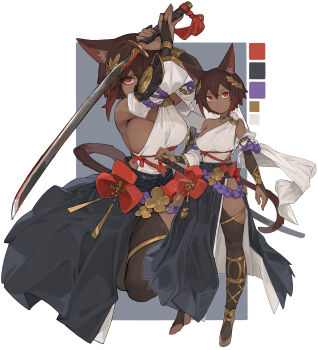 1girl :/ animal_ear_fluff animal_ears arm_ribbon black_bridal_gauntlets black_skirt black_thighhighs border breasts bridal_gauntlets brown_hair cat_ears cat_girl cat_tail check_clothing closed_mouth clothing_request color_guide commentary commission double-parted_bangs english_commentary floating_clothes flower flower_request gold_bridal_gauntlets gold_flower gold_necklace gold_ribbon grey_background hair_between_eyes highres holding holding_sword holding_weapon jewelry katana large_breasts laurel_crown leg_ribbon long_sleeves multiple_views n9+ necklace original purple_ribbon red_eyes red_flower ribbon robe short_hair silver_(shipsinfloat) simple_background skeb_commission skirt stola swinging_weapon sword tail thighhighs two-tone_bridal_gauntlets v-shaped_eyebrows weapon white_border white_robe white_sleeves