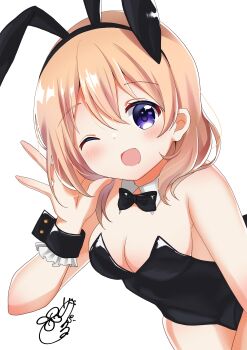 absurdres animal_ears black_leotard black_ribbon blush brown_hair commentary_request gochuumon_wa_usagi_desu_ka? highres hoto_cocoa leotard maple_0126 playboy_bunny purple_eyes rabbit_ears ribbon white_background wrist_cuffs