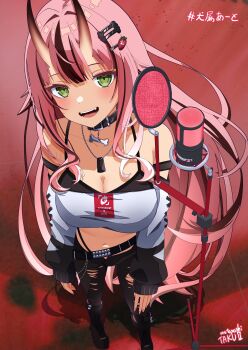 1girl absurdres black_boots black_collar black_hair black_pants black_sports_bra bone_hair_ornament boots breasts cleavage collar commentary_request detached_sleeves food-themed_hair_ornament from_above green_eyes hair_ornament hashtag highres horns indie_virtual_youtuber inuzuka_ichigo inuzuka_ichigo_(oni) jewelry long_hair looking_at_viewer microphone midriff mototaku multicolored_hair navel necklace oni open_mouth pants pink_hair skin-covered_horns solo sports_bra strapless strawberry_hair_ornament studio_microphone teeth torn_clothes torn_pants tube_top virtual_youtuber white_tube_top