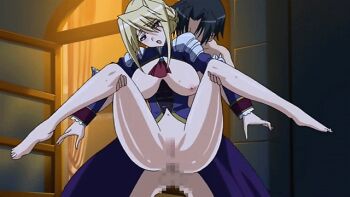 1boy 2 3_ anal animated animated_gif anus blonde_hair blue_eyes bouncing_breasts breasts censored double_penis female held_up large_breasts navel open_mouth paizuri pink_hair princess_lover sex silvia_van_hossen sweat uncensored viper_(series) viper_rsr