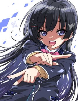 1girl black_hair blue_eyes hair_ornament hairclip highres long_hair looking_at_viewer nijisanji open_mouth school_uniform smile solo take_shinobu tsukino_mito