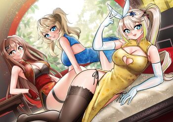 3girls aqua_eyes blonde_hair breasts brown_hair china_dress chinese_clothes cleavage dress girls'_frontline girls'_frontline_2:_exilium hairband highres k2_(girls'_frontline) katou_shinobu long_hair lying multiple_girls open_mouth sharkry_(girls'_frontline_2) side_ponytail star-shaped_pupils star_(symbol) symbol-shaped_pupils thighhighs thighs v vepley_(girls'_frontline_2) white_hairband yoohee_(girls'_frontline_2)
