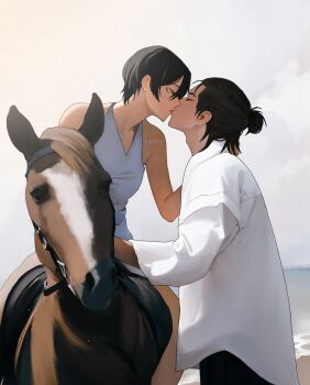 1boy 1girl artist_name bare_shoulders beach black_pants breasts closed_eyes cloud cloudy_sky commentary couple earrings english_commentary eren_yeager facial_scar hair_between_eyes hair_bun half_updo hand_in_another's_hair hetero highres horse horseback_riding jewelry kiss medium_breasts medium_hair mikasa_ackerman ocean pants riding scar scar_on_cheek scar_on_face shingeki_no_kyojin shirt short_hair sky sumiensp upper_body white_shirt