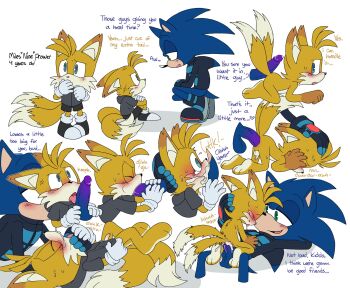 2boys age_difference anal anger_vein blonde_hair blue_eyes blue_hair bottomless cum cum_in_mouth english_text erection extra_tails fellatio furry furry_male furry_with_furry gloves green_eyes highres male_focus multiple_boys multiple_views no_humans oral penis pxchirizu shoes shota size_difference small_penis small_testicles sonic_(series) sonic_the_hedgehog spiked_hair tails_(sonic) testicles white_background yaoi