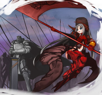 Rule 34 | 1girl, armor, army, blue eyes, cape, demon wings, fantasy, female focus, flag, gauntlets, greaves, horns, knight, long hair, medieval, pixiv fantasia, pixiv fantasia 1, pupps, scythe, silver hair, solo, sword, twintails, war, weapon, wings