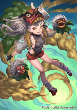 Rule 34 | 1girl, black leotard, breasts, commentary request, copyright notice, covered navel, eyeliner, grey hair, highres, konoike (pepe expect), leotard, leotard under clothes, looking at viewer, loose socks, makeup, navel, official art, open mouth, red eyeliner, red shorts, shorts, small breasts, smile, socks, solo, wixoss, yellow eyes