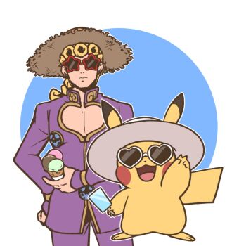 1boy :3 blonde_hair braid cleavage_cutout clothing_cutout commentary crossover ears_through_headwear food gen_1_pokemon giorno_giovanna hand_on_own_hip hat heart heart-shaped_eyewear highres holding holding_food holding_ice_cream holding_ice_cream_cone holding_popsicle ice_cream ice_cream_cone jojo_no_kimyou_na_bouken kabutom_ue_shi long_hair long_sleeves male_focus nintendo open_mouth pectoral_cleavage pectorals pikachu pokemon pokemon_(creature) popsicle sleeves_past_wrists star-shaped_eyewear star_(symbol) straw_hat sun_hat sunglasses symbol-only_commentary v vento_aureo