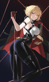 1girl absurdres arm_strap ass black_pants braid braided_bun breasts closed_mouth evelyn_chevalier gloves hair_bun highres holding holding_jacket holding_string holding_unworn_clothes jacket large_breasts looking_back necktie pants pigpotato purple_eyes red_gloves solo string tassel thigh_strap tight_clothes tight_pants unworn_jacket yellow_necktie zenless_zone_zero