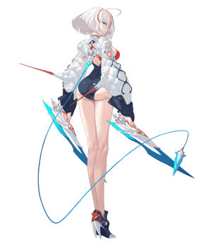 1girl absurdres ass blue_eyes blue_one-piece_swimsuit breasts dual_wielding from_behind full_body hair_between_eyes high_heels highres holding jacket large_breasts looking_at_viewer looking_back multicolored_hair one-piece_swimsuit open_mouth original red_one-piece_swimsuit short_hair simple_background smile solo spinal_cord stiletto_heels streaked_hair swimsuit two-tone_one-piece_swimsuit white_hair white_jacket ynjn1854461