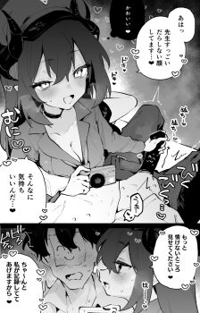 1boy 1girl 2koma black_hair blue_archive blush camera censored chiaki_(blue_archive) comic doodle_sensei_(blue_archive) grey_hair handjob long_hair monochrome rimukoro sensei_(blue_archive) shirt speech_bubble twitter