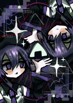 1girl absurdres food hair_between_eyes hand_up highres long_sleeves mugka_(maguresakana) multiple_views necktie onigiri purple_eyes purple_hair purple_necktie rotational_symmetry sparkle upside-down utane_uta utau