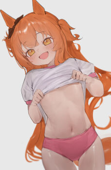 1girl :d animal_ears bandaid bandaids_on_nipples belly black_hair blush buruma clothes_lift gym_shirt gym_uniform heart highres horse_ears horse_girl horse_tail lifting_own_clothes loli long_hair mayano_top_gun_(umamusume) navel open_mouth orange_eyes orange_hair pasties shirt shirt_lift short_sleeves shorts smile stomach tail theflatfacadeds two_side_up umamusume very_long_hair white_shirt xaea_xp