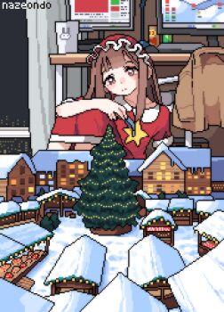 1girl artist_name brown_eyes brown_hair brown_jacket building christmas christmas_tree desk dress headscarf highres indoors jacket korean_commentary miniature model monitor nazeondo night original pixel_art red_dress snow solo star_(symbol) tweezers