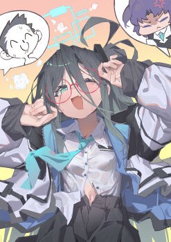 1boy 2girls :< ;d absurdres anger_vein aqua_eyes aqua_halo aqua_necktie aris_(blue_archive) bespectacled black_hair black_jacket black_skirt blue_archive blue_jacket blush breasts buttons chibi chibi_inset chinese_commentary collared_shirt commentary_request curled_fingers doodle_sensei_(blue_archive) double-parted_bangs drooling eyes_visible_through_hair fang glasses gradient_background hair_between_eyes halo hands_up highres jacket long_bangs long_hair long_hair_between_eyes long_sidelocks long_sleeves looking_at_viewer mouth_drool multicolored_jacket multiple_girls navel necktie one_eye_closed one_side_up open_clothes open_jacket open_mouth partially_open_shirt partially_unbuttoned pleated_skirt puffy_long_sleeves puffy_sleeves purple_hair rectangular_halo red-framed_eyewear round_eyewear school_uniform see-through_clothes see-through_shirt sensei_(blue_archive) shirt sidelocks skin_fang skirt small_breasts smile speech_bubble spoken_character sweat sweaty_clothes tie_clip two-sided_fabric two-sided_jacket upper_body v-shaped_eyebrows very_long_hair white_jacket white_shirt xiaohatie yellow_background yuuka_(blue_archive)