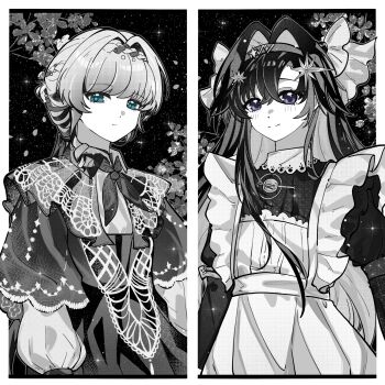 Rule 34 | 2girls, apron, black background, blue eyes, braid, braided bangs, capelet, chinese commentary, closed mouth, commentary request, dress, frilled apron, frills, greyscale, hair intakes, hair ornament, hairband, highres, kiperina, long sleeves, looking at viewer, low ponytail, monochrome, multiple girls, neckerchief, ponytail, reverse:1999, school uniform, smile, soviet school uniform, spot color, star (symbol), star hair ornament, upper body, voyager (reverse:1999), xihua ovo