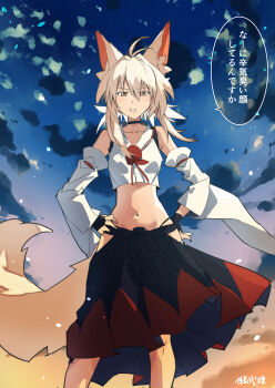 Rule 34 | 1girl, absurdres, animal ear fluff, animal ears, artist name, black choker, black skirt, bridal gauntlets, choker, clothing cutout, collarbone, commentary request, detached sleeves, embellished costume, grey hair, highres, hip vent, inubashiri momiji, kakaricho dairi, looking at viewer, midriff, navel, no headwear, open mouth, red skirt, skirt, solo, speech bubble, tail, touhou, translation request, two-tone skirt, wolf ears, wolf girl, wolf tail, yellow eyes
