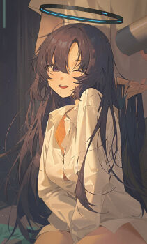 1boy 1girl ;d absurdres black_eyes black_hair black_halo bladeless_fan blue_archive breasts chinese_commentary collared_shirt commentary dress_shirt halo hand_fan highres holding holding_fan lan001 large_breasts long_hair one_eye_closed open_mouth parted_bangs partially_unbuttoned shirt sitting smile solo_focus t-shirt white_hair yuuka_(blue_archive)