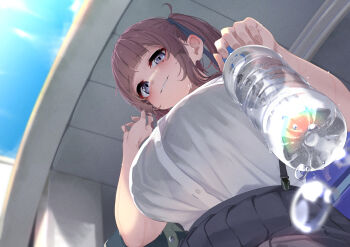 1girl bag blue_ribbon blue_skirt blunt_bangs blurry blurry_foreground blush bottle breasts brown_hair buttons cevio commentary_request film_grain from_below highres holding holding_bottle large_breasts looking_at_viewer medium_hair mole mole_under_eye natsuki_karin ne_an_ito parted_lips pleated_skirt ribbon shirt shirt_tucked_in skirt solo strap synthesizer_v two_side_up upper_body water_bottle water_drop white_shirt