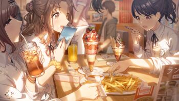 bag black_hair blueberry book brown_eyes brown_hair chocolate collared_shirt cup drinking_straw english_text food french_fries fruit fukumaru_koito game_cg hair_ornament hairclip higuchi_madoka holding ice_cream ichikawa_hinana idolmaster_shiny_colors idolmaster_shiny_colors_song_for_prism japanese_text nail_polish neck_ribbon official_art open_book open_mouth pen plate ponytail profile red_eyes red_hair ribbon shirt spoon strawberry sundae table zipper