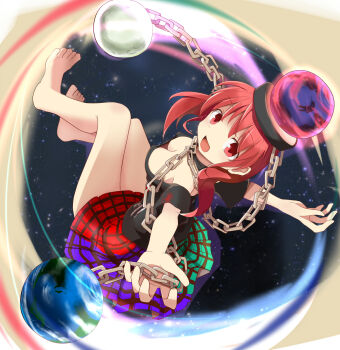 1girl :d barefoot breasts chain choker cleavage downblouse earth_(planet) female_focus from_side full_body hecatia_lapislazuli hell highres large_breasts miniskirt moon mukuroi off-shoulder_shirt off_shoulder open_mouth outstretched_arms plaid_clothes plaid_skirt planet pleated_skirt red_eyes red_hair shirt short_sleeves skirt smile solo spread_arms t-shirt thighs touhou