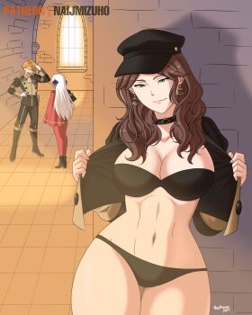 1boy 2girls breasts brown_hair choker cleavage dorothea_arnault earrings edelgard_von_hresvelg ferdinand_von_aegir fire_emblem fire_emblem:_three_houses green_eyes hat highres jewelry large_breasts long_hair multiple_girls naijmizuho navel nintendo