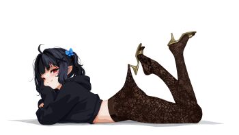 1girl ahoge black_hair black_nails blue_bow blush bow chin_reast fang gold_shoes hair_bow hair_ornament heart heart-shaped_pupils high_heels highres indie_virtual_youtuber lace_pantyhose lace_pantyhose_hooked_on_heel_(meme) legs long_sleeves looking_at_viewer lying meme midriff mint_fantome on_stomach pantyhose pointy_ears red_eyes sansha_art shoes sidelocks simple_background solo sweater symbol-shaped_pupils thighs two_side_up virtual_youtuber white_background x_hair_ornament