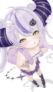 1girl backpack bag demon_horns demon_tail hair_ornament hololive horns jewelry la+_darknesss loli looking_at_viewer looking_up mesugaki necklace pika_(pika_artq) randoseru shadow tail twintails virtual_youtuber