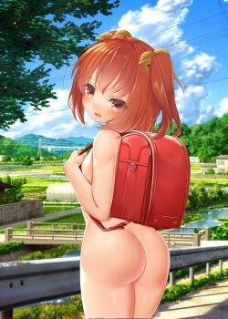 1girl ass backpack bag bell blue_sky blush bridge cloud commentary_request day embarrassed exhibitionism from_behind hair_bell hair_ornament highres loli looking_at_viewer looking_back miyajima_(anthem-anthem) motoori_kosuzu naked_school_attendance nude open_mouth outdoors power_lines public_indecency public_nudity randoseru red_eyes red_hair river sky solo touhou tree two_side_up