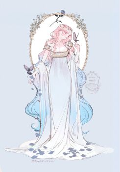 Rule 34 | 1girl, absurdres, animal, b etty01tm, bird, blue background, blue dress, blue flower, blue hair, blue rose, blush, border, breasts, cleavage, closed eyes, commentary request, dress, floral border, flower, full body, gradient hair, head wreath, highres, holding, holding animal, jewelry, multicolored hair, necklace, original, ornate border, parted bangs, parted lips, pearl hair ornament, petals, pink hair, puffy short sleeves, puffy sleeves, rose, short sleeves, simple background, solo, watermark