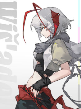 Rule 34 | 1girl, absurdres, antenna hair, arknights, black gloves, black tube top, chi chi (lofter 2016543390), chinese commentary, closed mouth, coat, commentary request, demon girl, demon horns, fingerless gloves, from side, gloves, grey hair, highres, horns, looking at viewer, medium hair, multicolored hair, open clothes, open coat, orange eyes, profile, red hair, red horns, short coat, solo, strapless, tube top, w (arknights), wis'adel (arknights)