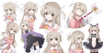 1girl animal_ears ascot black_skirt breasts brown_hair chinese_commentary closed_eyes commentary_request cropped_torso fake_animal_ears fate/kaleid_liner_prisma_illya fate_(series) highres holding holding_staff illyasviel_von_einzbern leotard long_hair looking_at_viewer multiple_views open_mouth panties pantyshot pink_leotard purple_shirt red_eyes shirt simple_background sketch skirt small_breasts staff two_side_up underwear white_background wiersa yellow_ascot
