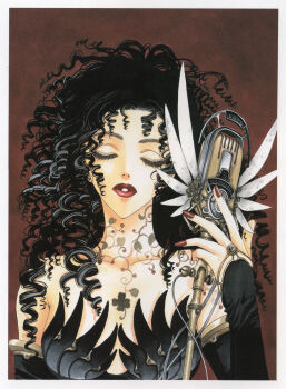 1girl absurdres bare_shoulders black_hair breasts clamp clover clover_(manga) collarbone curly_hair detached_sleeves drill_hair earrings eyebrows eyelashes female_focus highres holding jewelry lipstick long_hair makeup mechanical_wings medium_breasts microphone nail_polish official_art oruha parted_lips red_nails scan simple_background solo steampunk tattoo traditional_media wings
