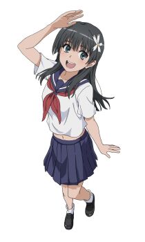 1girl :d arm_up black_hair blue_eyes blue_sailor_collar blue_skirt flower full_body hair_flower hair_ornament highres kippei loafers long_hair looking_at_viewer midriff navel neckerchief open_mouth pleated_skirt red_neckerchief sailor_collar sakugawa_school_uniform salute saten_ruiko school_uniform serafuku shirt shoes short_sleeves skirt smile solo toaru_kagaku_no_railgun toaru_majutsu_no_index white_shirt