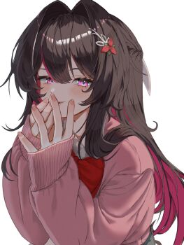 1girl absurdres azki_(hololive) black_hair blush bow bowtie braid brown_hair collared_shirt colored_inner_hair fang flower hair_between_eyes hair_flower hair_intakes hair_ornament highres hololive long_hair long_sleeves looking_at_viewer multicolored_hair parted_lips pink_eyes pink_hair pink_nails pink_sweater purple_eyes red_bow red_bowtie remynoue shirt simple_background sleeves_past_wrists smile solo streaked_hair sweater upper_body virtual_youtuber white_background