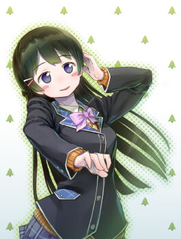 1girl black_hair blazer blouse blue_eyes blush_stickers bow bowtie braid collared_shirt female_focus half_up_braid highres jacket kath lapels long_hair nijisanji plaid_clothes plaid_lapels plaid_skirt pleated_skirt purple_bow purple_bowtie school_uniform shirt simple_background sketch skirt smile solo sweater_vest tagme tree tsukino_mito tsukino_mito_(1st_costume) virtual_youtuber white_shirt