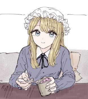 1girl black_ribbon blonde_hair blue_eyes breasts buttons collar commentary contrast_collar dessert dress dress_ribbon food food_request hat highres holding holding_spoon kashiwada_kiiho long_sleeves looking_at_viewer maribel_hearn medium_breasts mob_cap pillow purple_dress ribbon simple_background sitting smile solo spoon swept_bangs symbol-only_commentary table touhou white_collar white_hat
