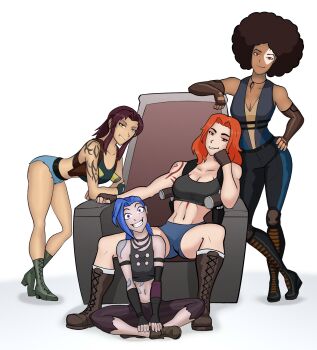 4girls abs afro alternate_costume alternate_universe arcane:_league_of_legends arcane_jinx arm_tattoo asymmetrical_bangs asymmetrical_gloves asymmetrical_hair bare_shoulders beretta_92 big_hair bike_shorts black_bodysuit black_choker black_footwear black_gloves black_lagoon black_sports_bra black_tank_top blue_hair bodysuit boots bra braid breasts brown_eyes brown_hair casual choker cleavage cleavage_cutout clothing_cutout cloud_tattoo combat_boots crash_(quake) crazy crazy_eyes crazy_smile crop_top crossed_legs dark-skinned_female dark_skin day_of_wrath_(infinitypilot) deadpool_(movie) deadpool_(series) deadpool_2 denim denim_shorts desert_eagle detached_sleeves domino_(marvel) doom_(series) doom_eternal elbow_gloves facial_mark fingerless_gloves formal_clothes gloves grin gun gym_shorts half-closed_eyes halter_shirt halterneck handgun head_rest highres holster jewelry jinx_(league_of_legends) knee_boots league_of_legends leaning leaning_forward leaning_on_object leaning_to_the_side leather leather_gloves long_hair looking_at_viewer marvel medium_breasts medium_hair midriff multiple_girls muscular muscular_female necklace official_alternate_costume on_floor original pale_skin pants pink_eyes ponytail purple_eyes quake_(series) quake_1 quake_3_arena red_eyes red_hair revy_(black_lagoon) scar scar_on_chest second-party_source short_shorts shorts shoulder_holster shoulder_tattoo sinister sitting sleeveless sleeveless_bodysuit smile smirk smug soulbreaker_(day_of_wrath) spacemaxmarine sports_bra standing stomach_cutout striped_clothes striped_pants suit tank_top tattoo throne toned toned_female twin_braids twintails underwear very_long_hair vitiligo weapon wide-eyed x-men x-men_film_series