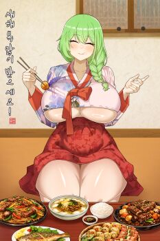 1girl absurdres alternate_costume banshee_(last_origin) braid braided_ponytail breasts chima_(clothes) chopsticks closed_eyes commentary eating english_commentary food green_hair hanbok highres holding holding_chopsticks huge_breasts korean_clothes last_origin long_sleeves new_year noonnoon531 seiza sitting solo table thick_thighs thighs underboob wooden_table