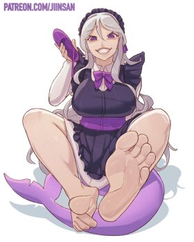 Rule 34 | 1girl, 2025, apron, artist name, breasts, commentary, commission, dress, english commentary, feet up, female focus, fins, fish tail, foot focus, foreshortening, full body, furrowed brow, grin, hair over shoulder, highres, holding, holding shoes, holding unworn clothes, jiinsann, large breasts, lips, long hair, long sleeves, maid apron, maid headdress, orignal, patreon username, purple dress, purple eyes, purple sash, purple shoes, sash, shadow, shark girl, shark tail, shirt, shoes, simple background, smile, soles, solo, tail, toes, unworn shoes, very long hair, white hair, white shirt
