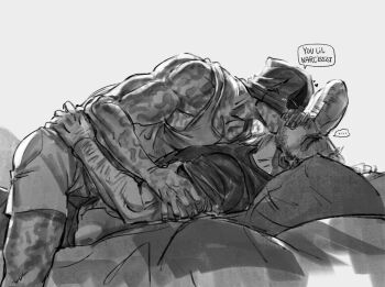 2boys arm_hair blush closed_eyes covering_own_mouth deadpool deadpool_&amp;_wolverine deadpool_(series) english_text hand_hair highres kiss kissing_neck lying male_focus male_underwear marvel marvel mask mask_lift mcbuckwheat monochrome multiple_boys muscular muscular_male on_back on_bed pectorals scar shirt short_hair short_sleeves speech_bubble underwear wolverine_(x-men) x-men yaoi