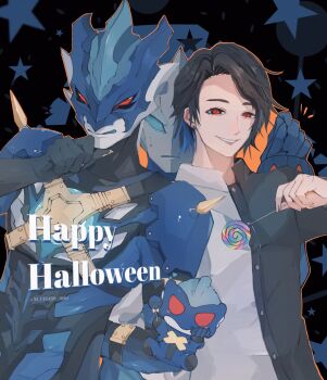 3boys absurdres alien armor black_gloves black_hair black_shirt blue_eyes blue_hair blue_mask blue_skin color_timer colored_inner_hair colored_skin ear_piercing earrings gem gloves happy_halloween highres holding horns jewelry kirisaki_(ultraman_taiga) male_focus multicolored_hair multicolored_skin multiple_boys multiple_persona ni_celery_pk no_pupils piercing red_eyes shirt shoulder_armor shoulder_spikes silver_skin smile spikes streaked_hair stud_earrings tokusatsu ultra_series ultraman_taiga_(series) ultraman_tregear ultraman_tregear_early_style white_shirt