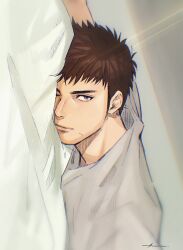 Rule 34 | 1boy, azzurro 000, brown eyes, brown hair, day, highres, indoors, light rays, looking at viewer, lying, male focus, mitsui hisashi, on bed, on stomach, scar, scar on chin, scar on face, short hair, slam dunk (series), smile, solo, upper body